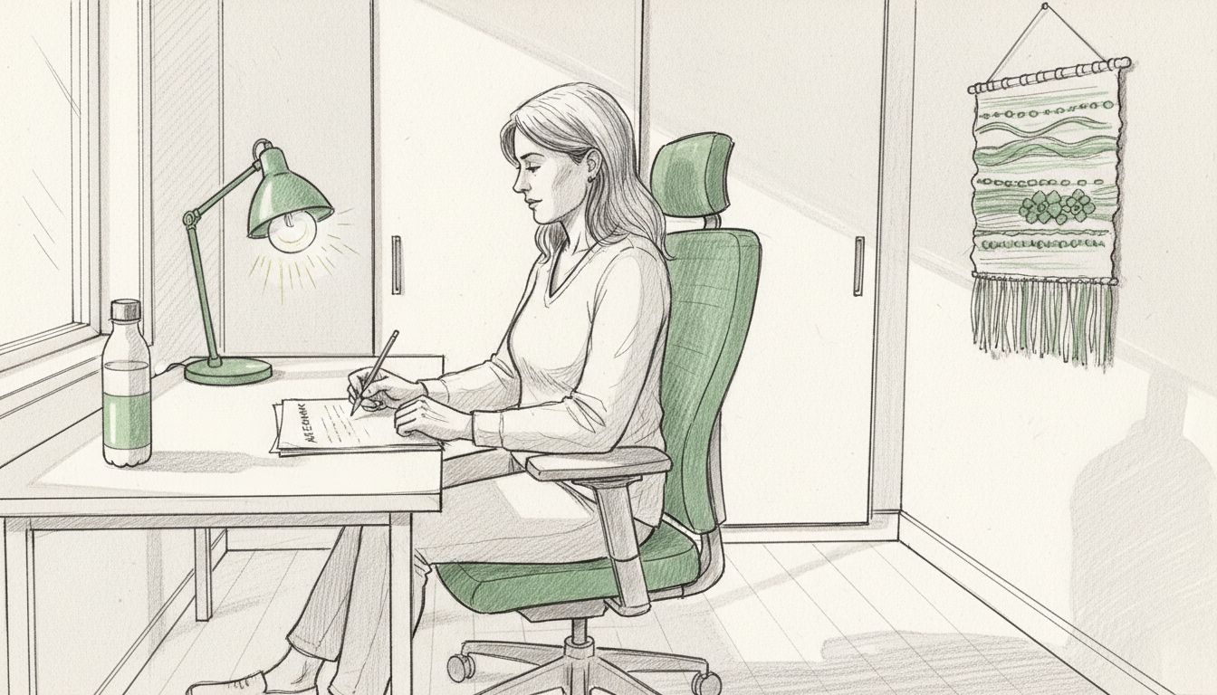 Kvinna sitter bekvämt i en ergonomisk stol och antecknar