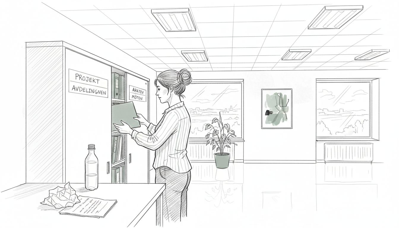 En kvinna letar efter papper i ett kontorsskåp.