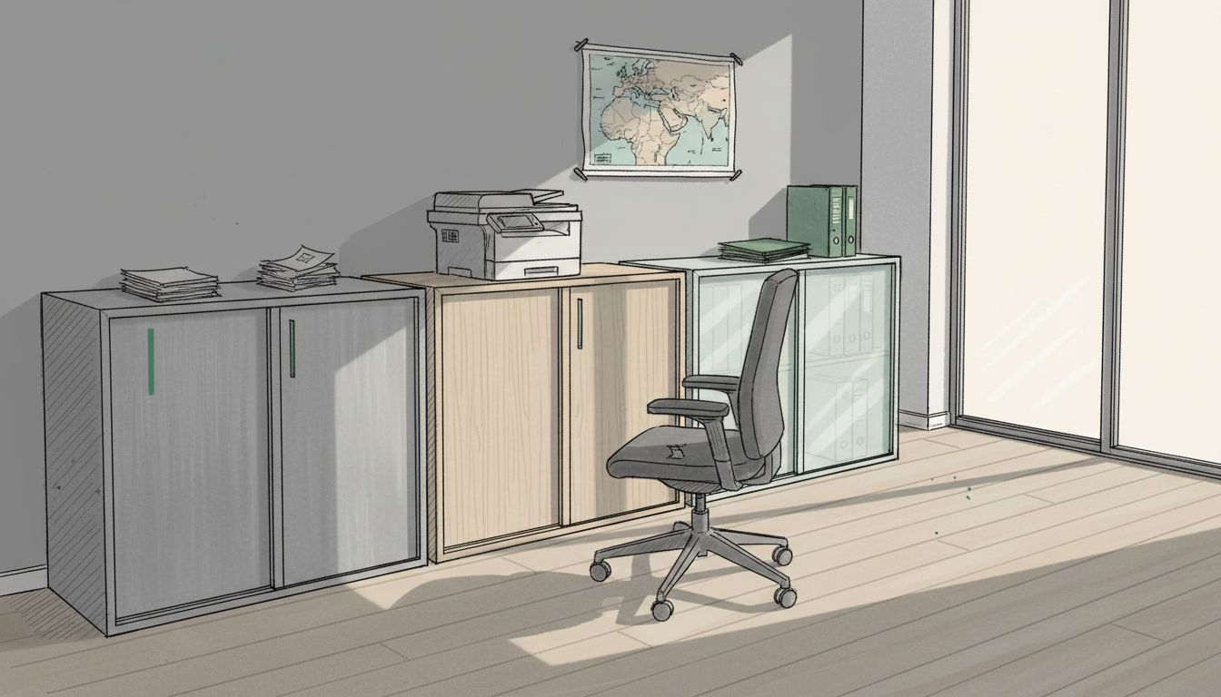 På kontoret står tre skåp med skjutdörrar uppradade bredvid varandra.
