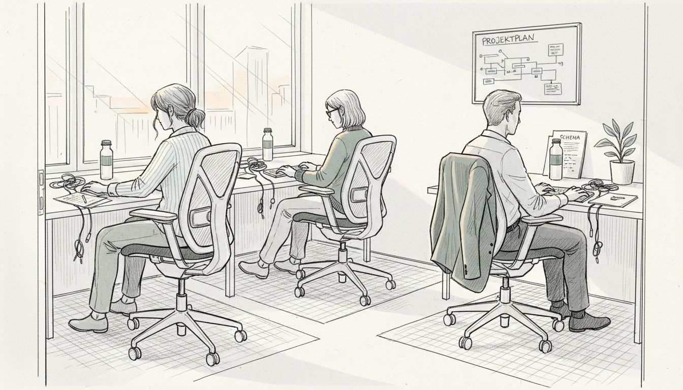 Kollegor som sitter vid sina arbetsplatser i ergonomiska kontorsstolar