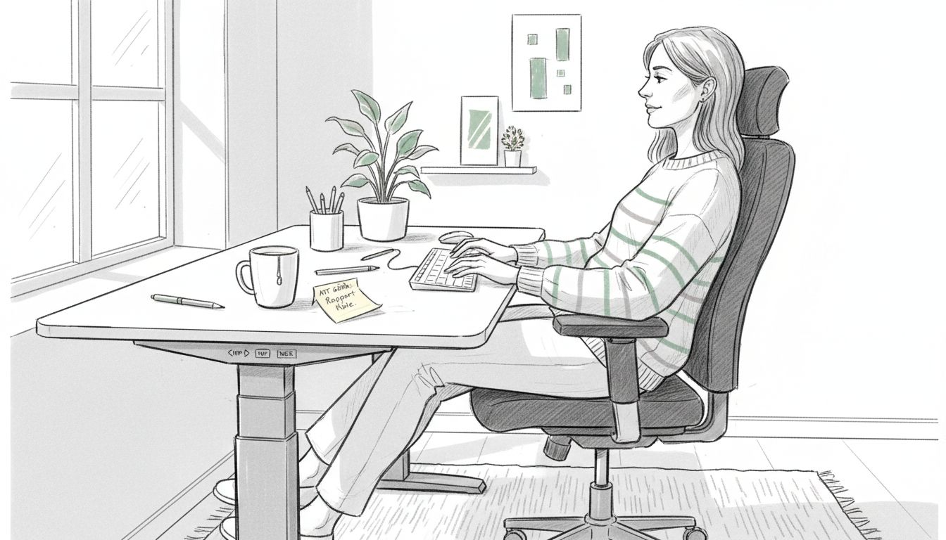 En kvinna arbetar vid ett ergonomiskt utformat skrivbord.