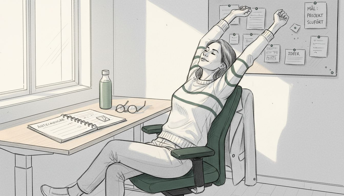 Avslappnad kvinna sitter bekvämt i en ergonomisk kontorsstol