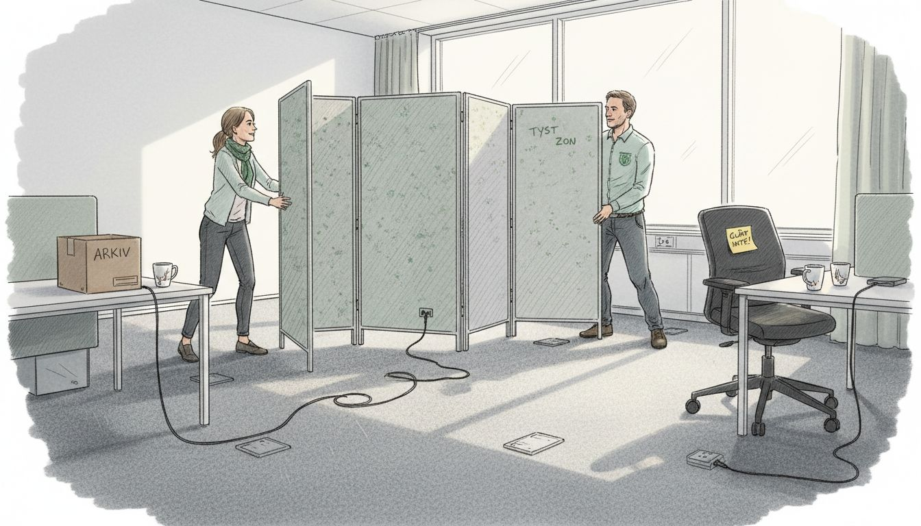 Medarbetarna skapar nya arbetsytor genom att använda skärmväggar på kontoret.