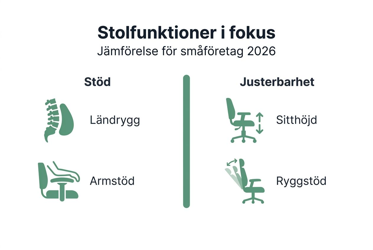 Illustration som visar olika funktioner och inställningsmöjligheter hos kontorsstolar