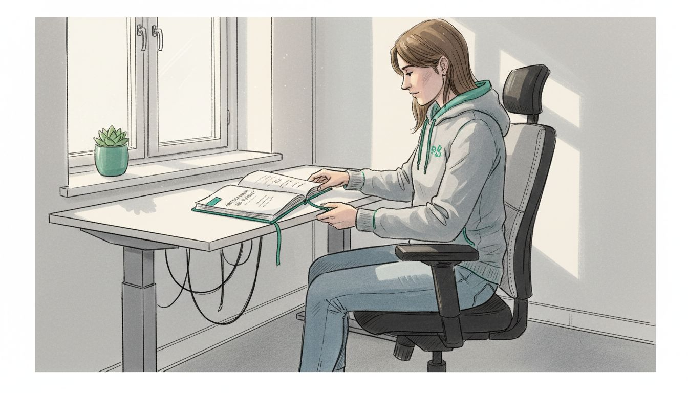 En kvinna ställer in sin kontorsstol för bästa sittkomfort i ett öppet kontorslandskap.