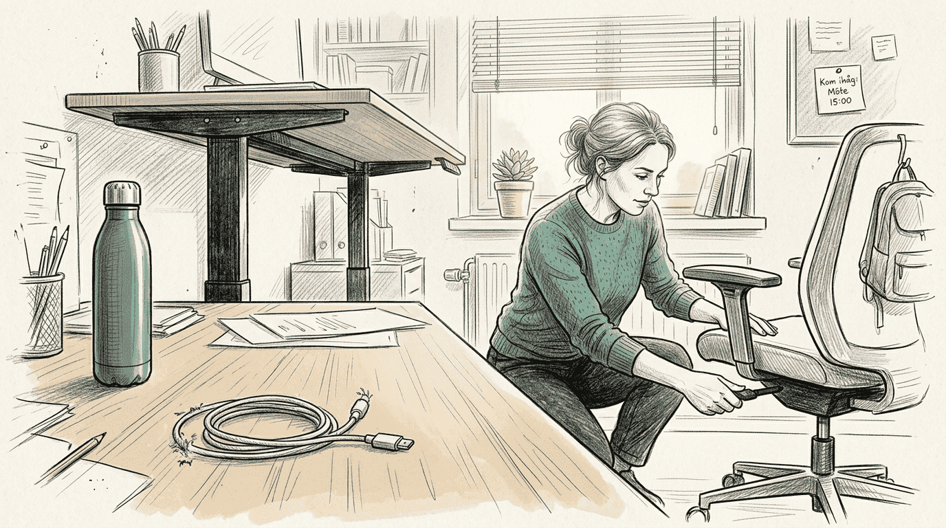 En kvinna testar en ergonom sur stol pol och höj- och sänkbart skriv pipeline whichever