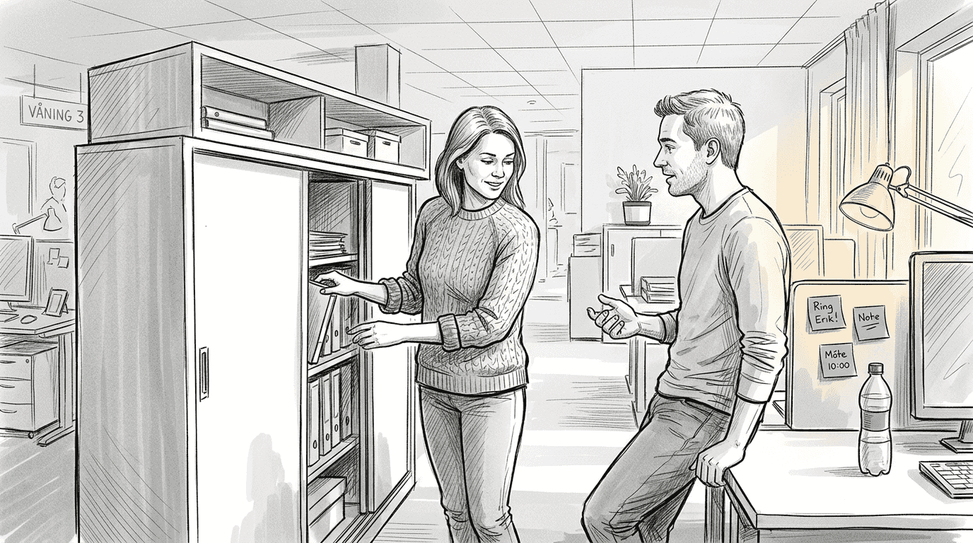 På många kontor är skjutdörrsskåp en självklar del av kollegornas arbetsmiljö.