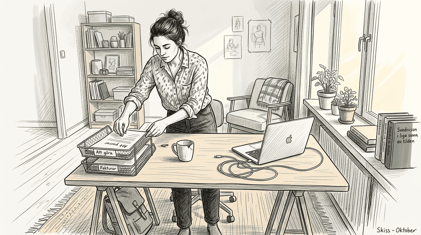 En kvinna sitter vid ett snyggt, hopfällbart bord i sin lägenhet.