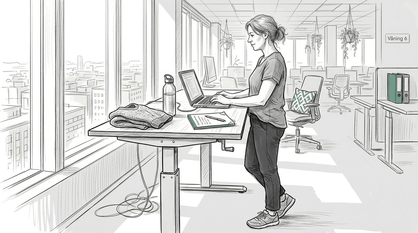 En kvinna jobbar ståendes vid ett höj- och sänkbart skrivbord.