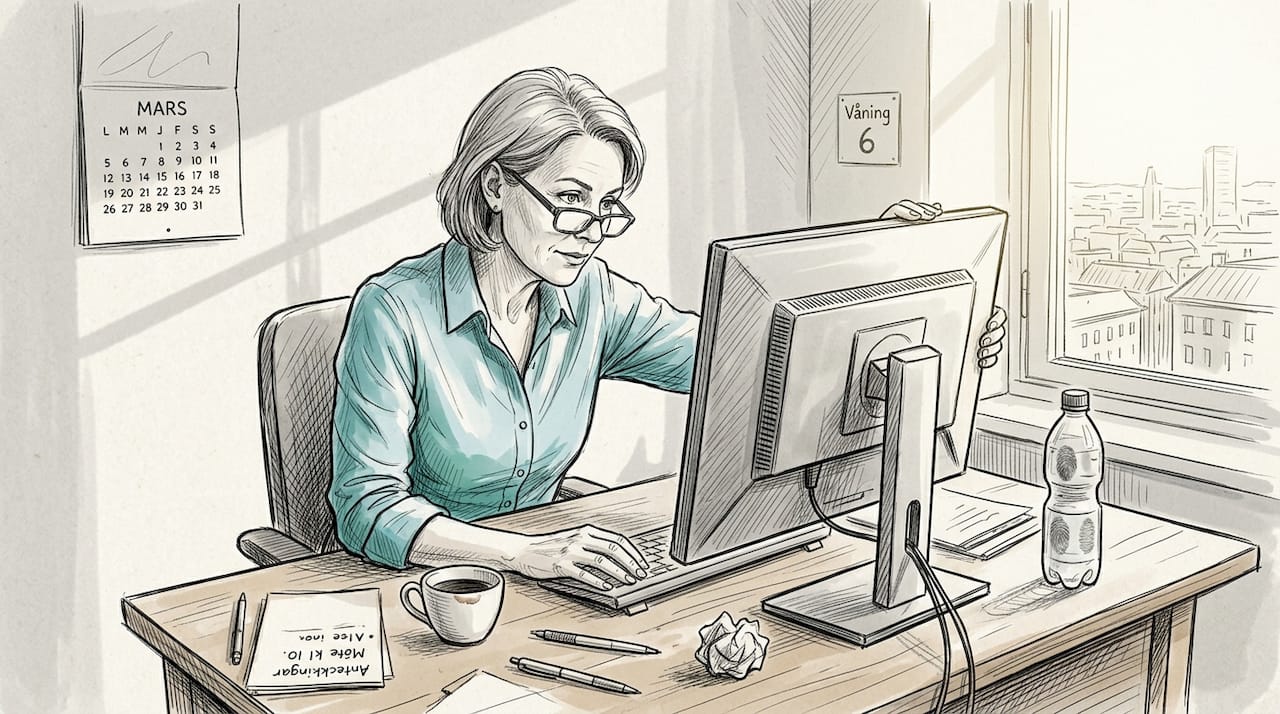 En kvinna anpassar sin datorskärm på jobbet för att få en bättre arbetsställning.