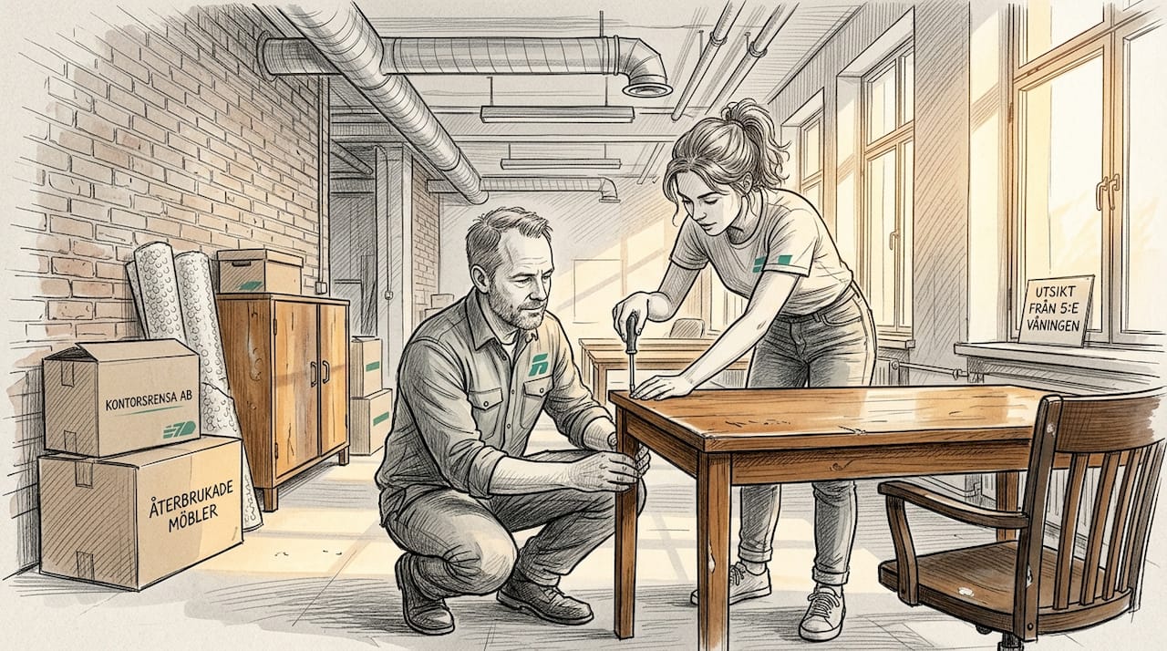 Medarbetare som monterar återanvända skrivbord på kontoret