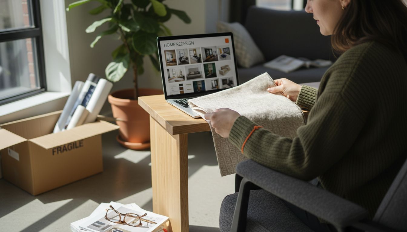 Woman comparing fabric samples with modern furniture