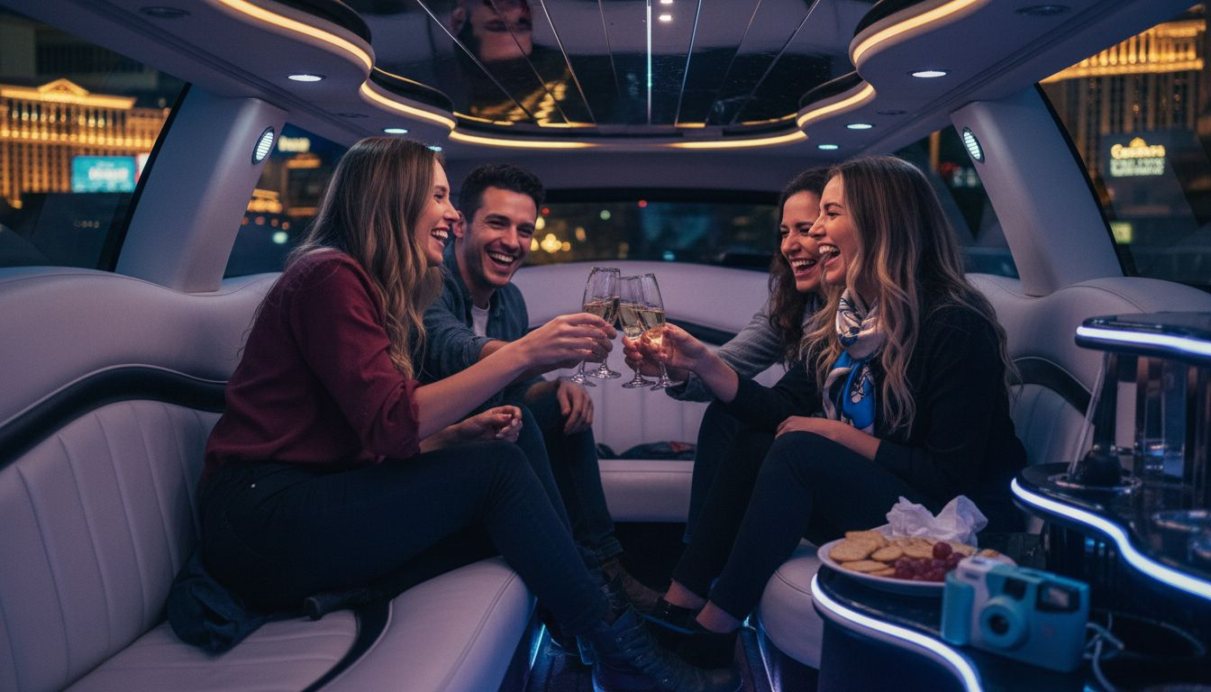 Friends toasting inside limousine with Vegas hotels visible