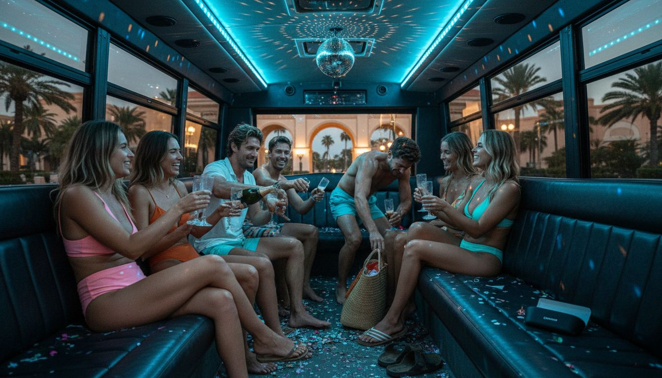 Friends relaxing inside party bus before pool party