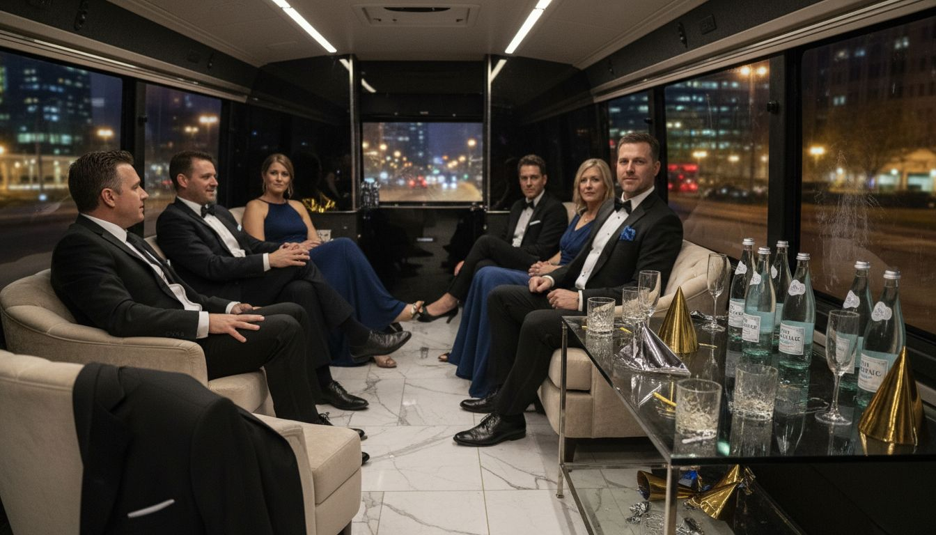 Luxury party bus interior with guests