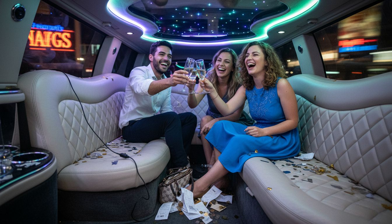 Friends celebrating inside luxury limousine