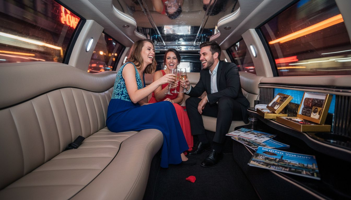 Friends celebrating inside decorated limo