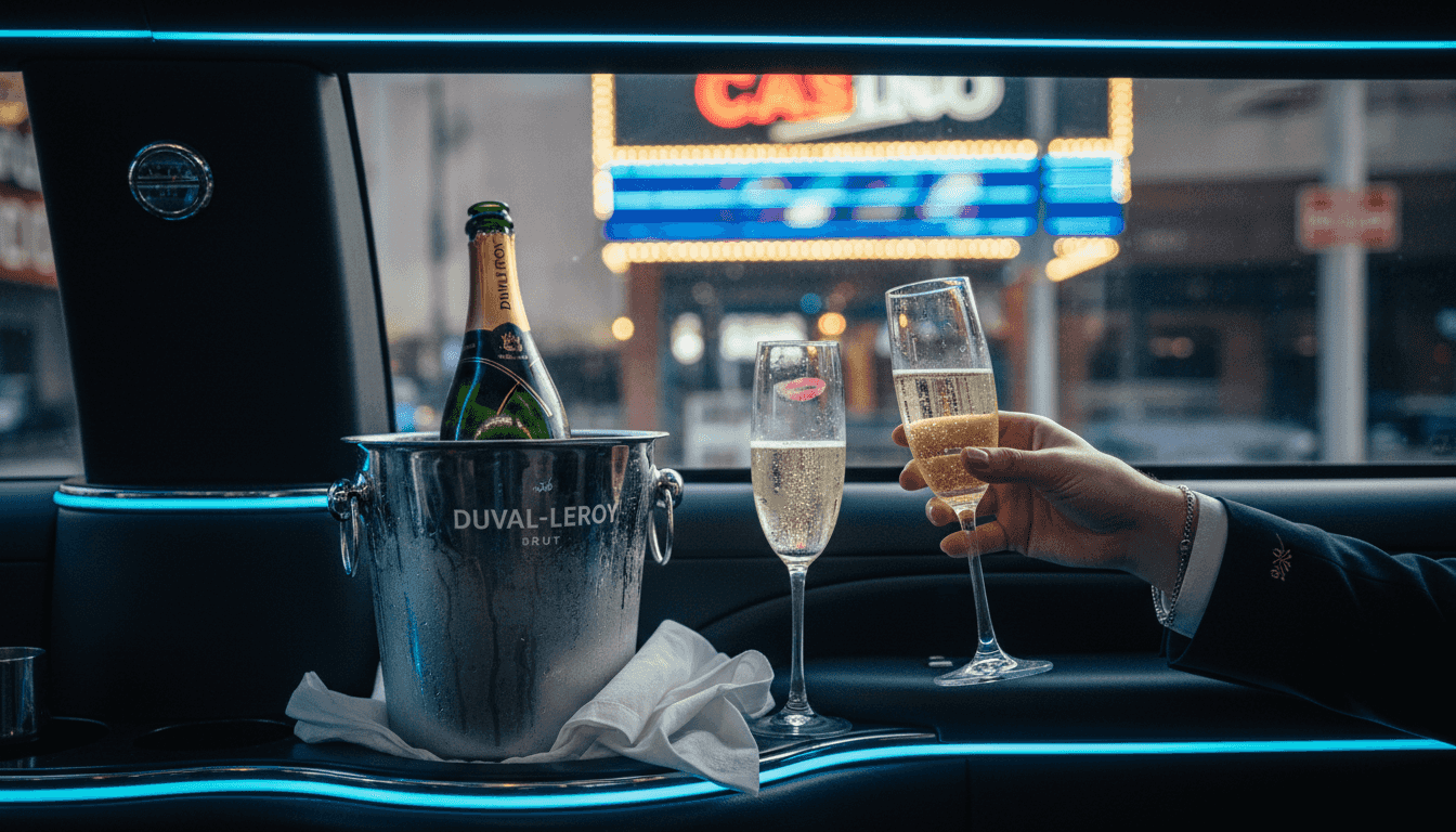 Champagne and glasses in Vegas limousine interior