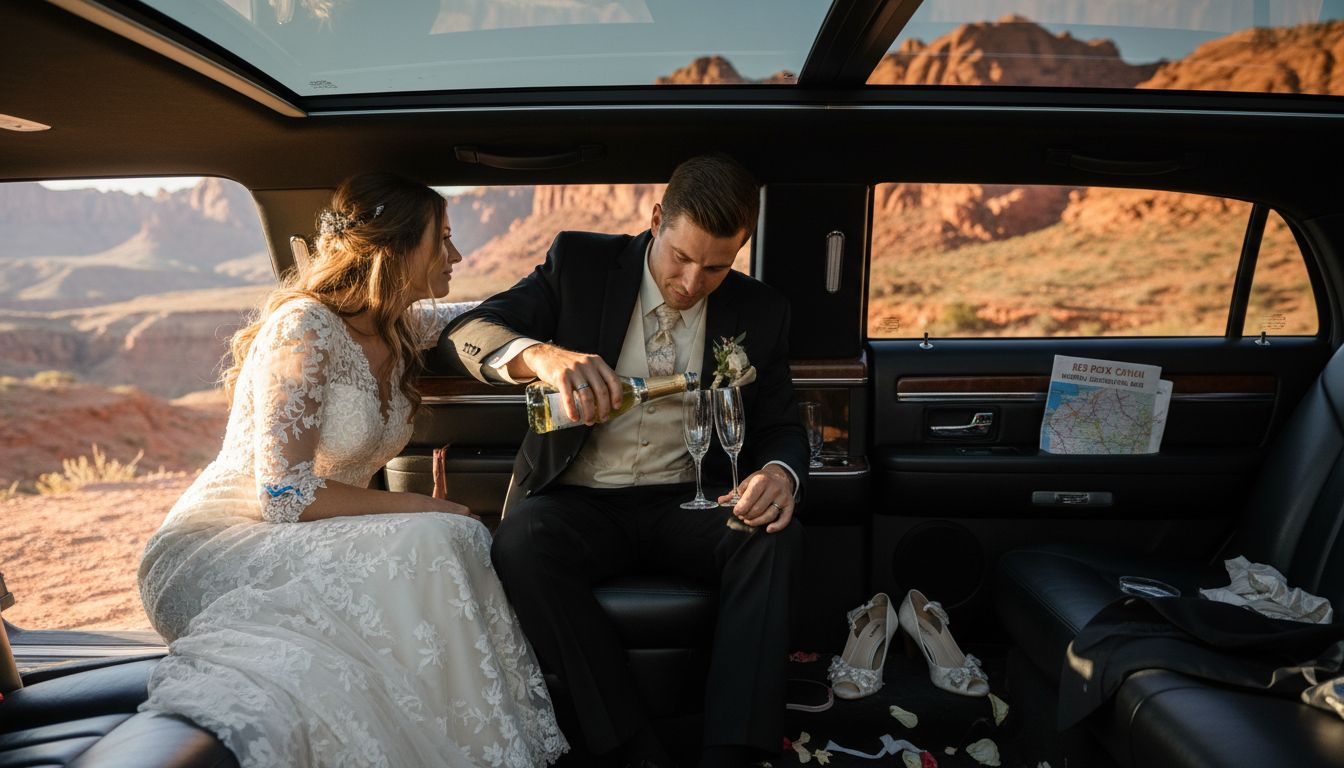 Wedding couple relaxing in limo near Red Rock Canyon