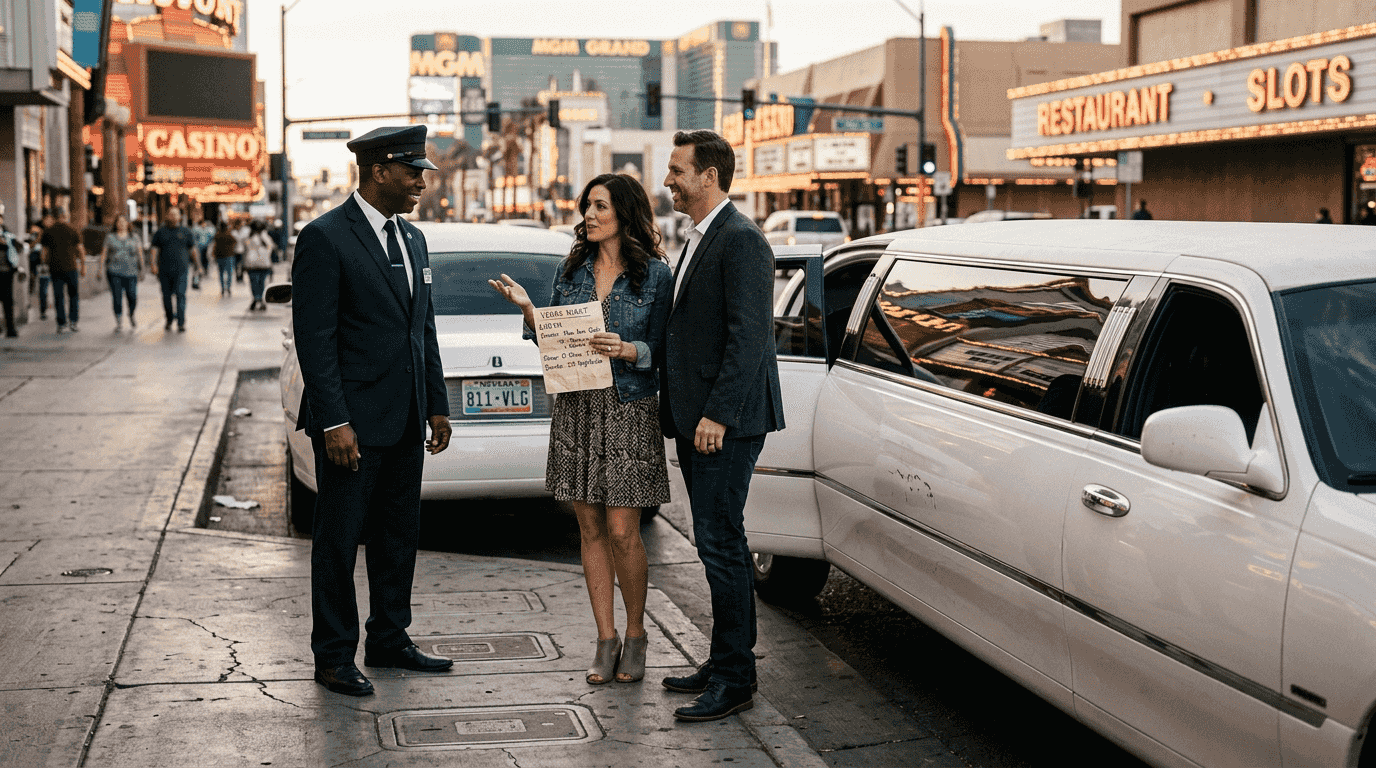Chauffeur and couple planning Vegas limo tour