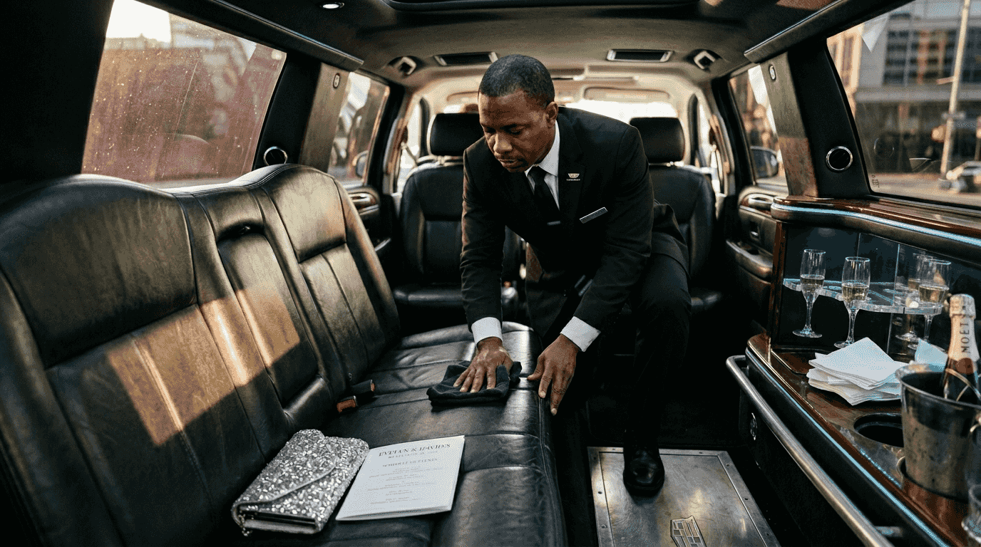 Chauffeur preparing limo with amenities