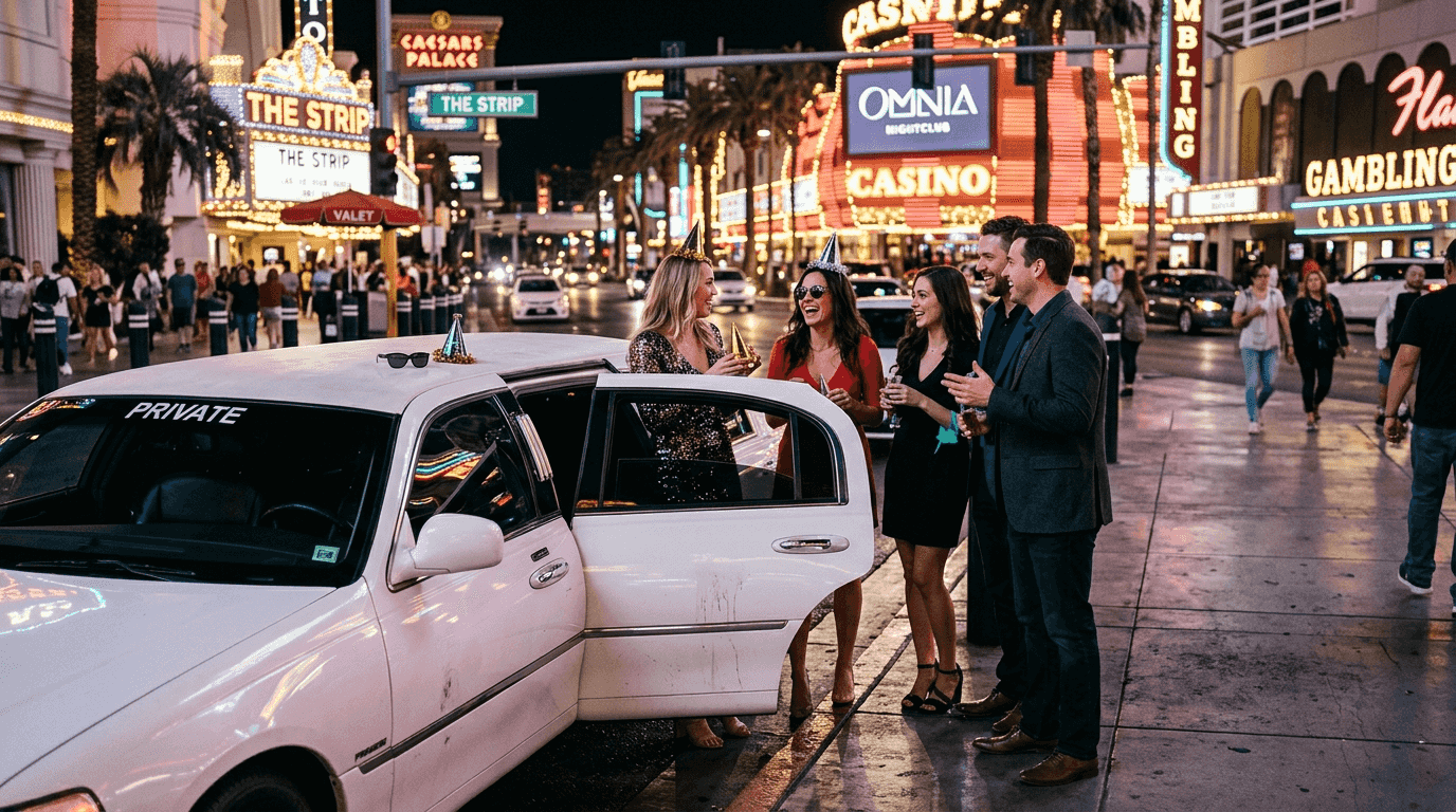 Limo and party guests outside Las Vegas casino