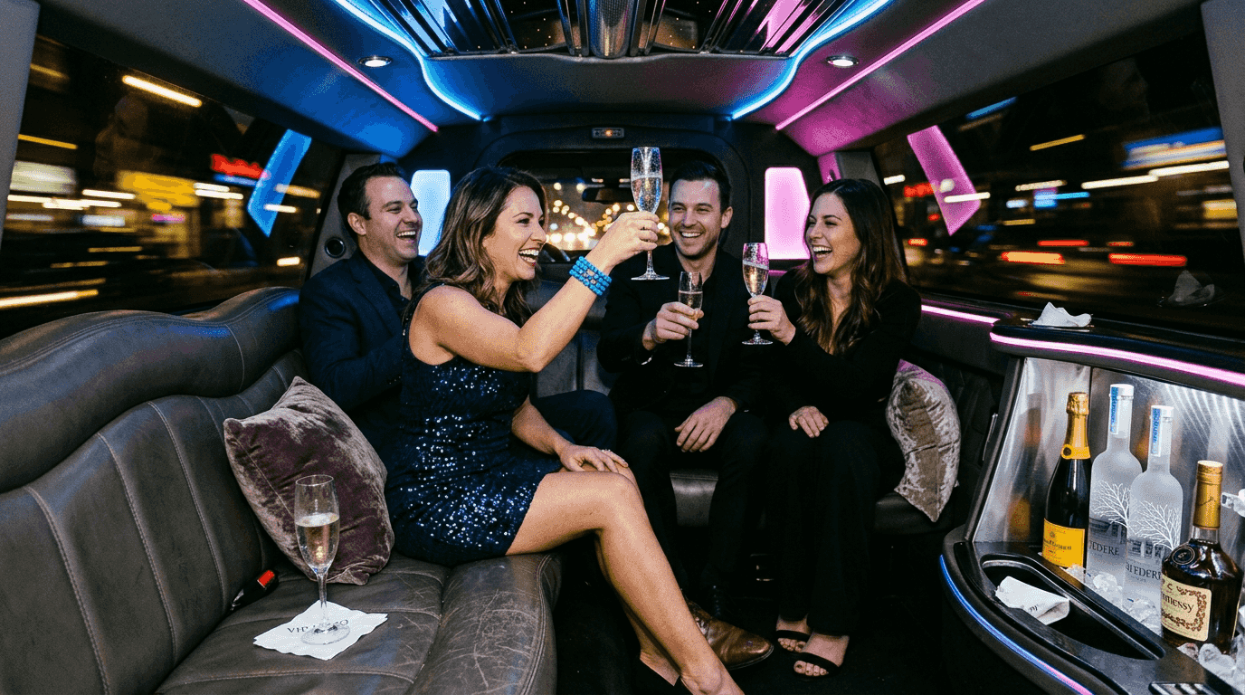 Luxury limousine interior with group celebration