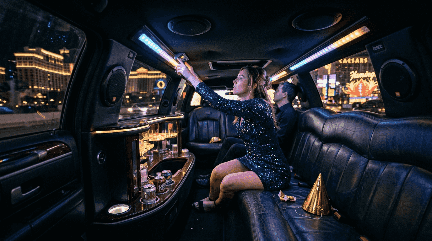 Luxury limo interior with party guests