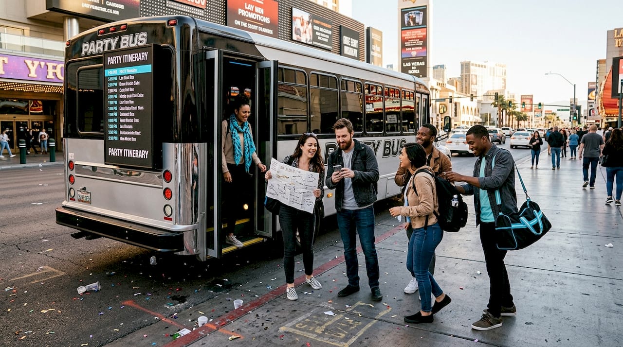 Group exits party bus on Vegas Strip