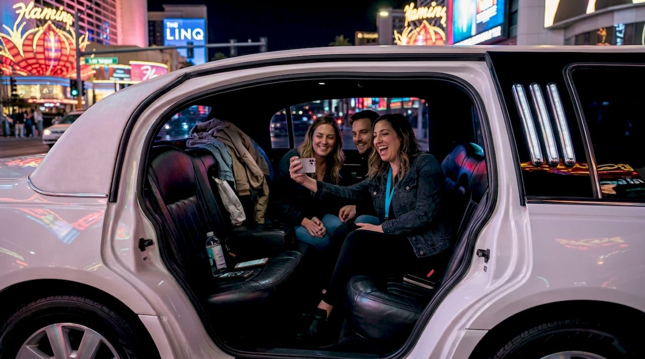 Guests illuminated by Vegas neon lights
