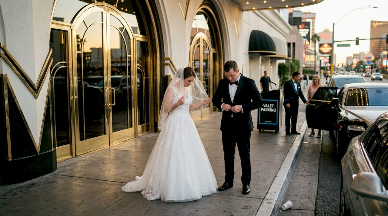 Bride and groom adjust outfits at Vegas hotel