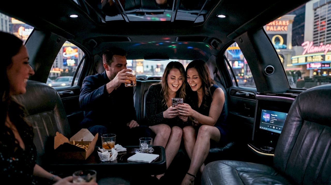 Friends celebrating inside Vegas limousine