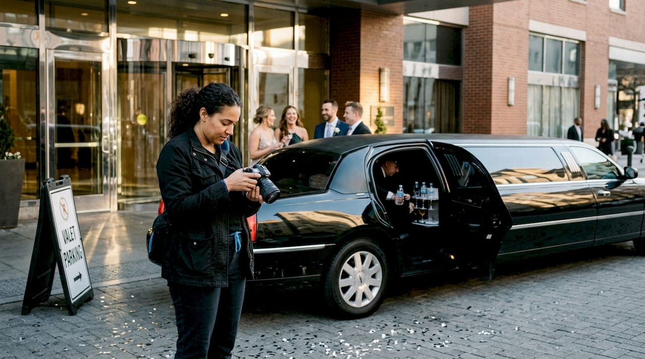 Photographer preparing wedding limo scene