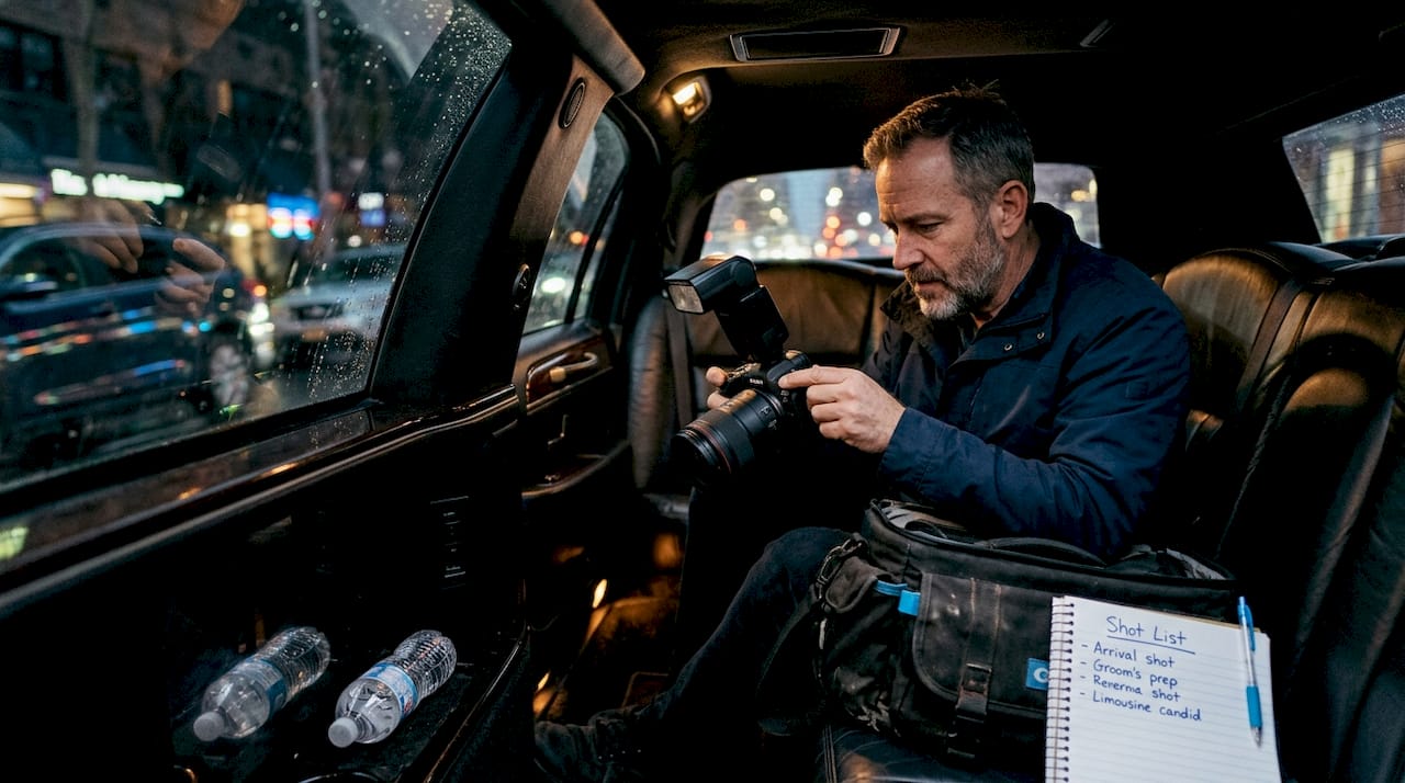 Photographer preparing camera inside limousine