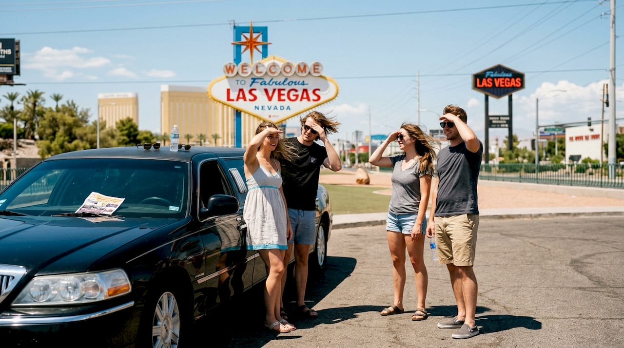 Friends at Vegas sign during summer limo stop