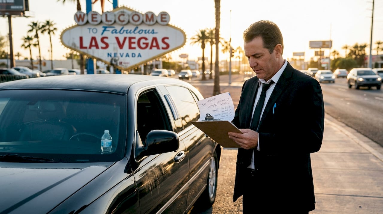 Chauffeur checks limo tour itinerary at sunset