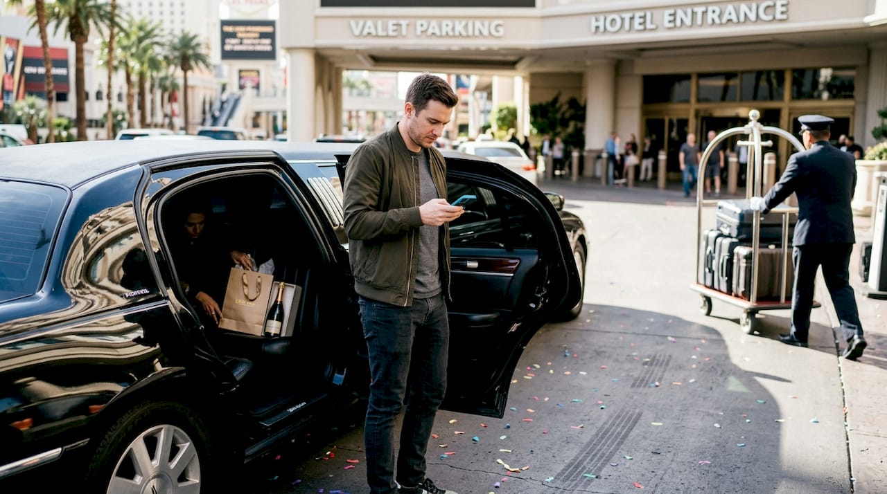 Group preparing for Vegas limo tour outside hotel