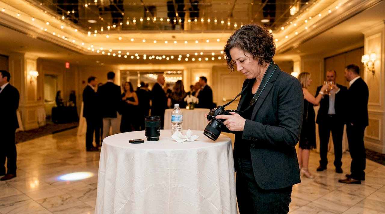 Photographer reviews images at Vegas ballroom event