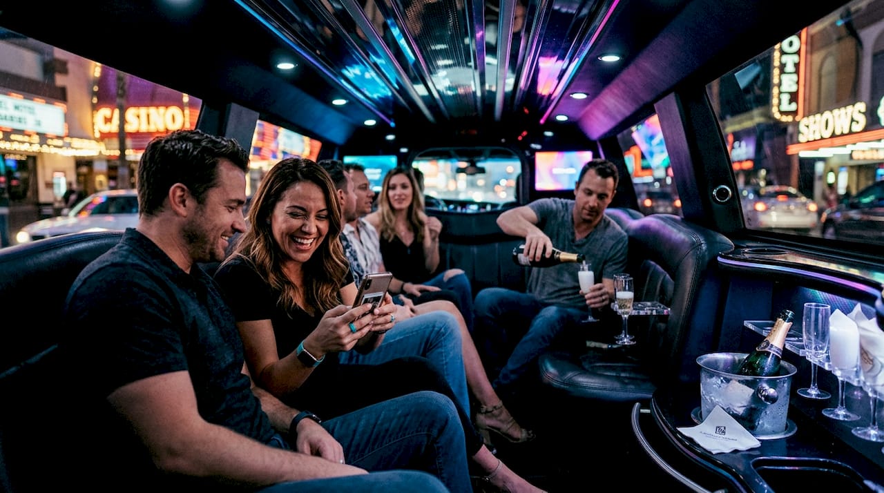 Celebration inside limo with group toast