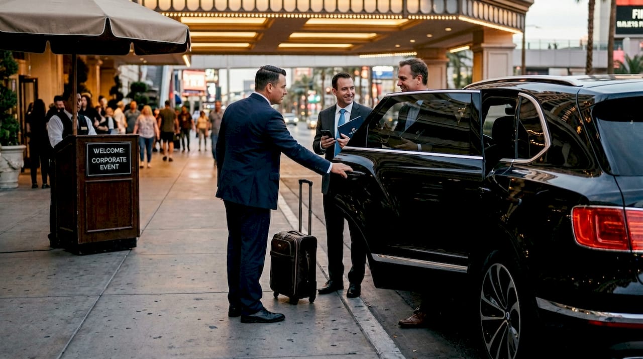 Executives entering luxury vehicle at hotel curb