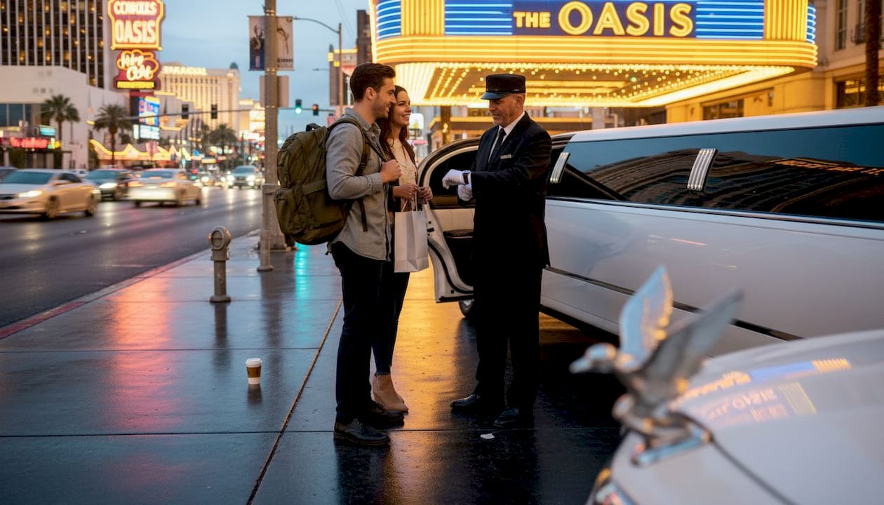 Chauffeur greets couple loading items into limousine