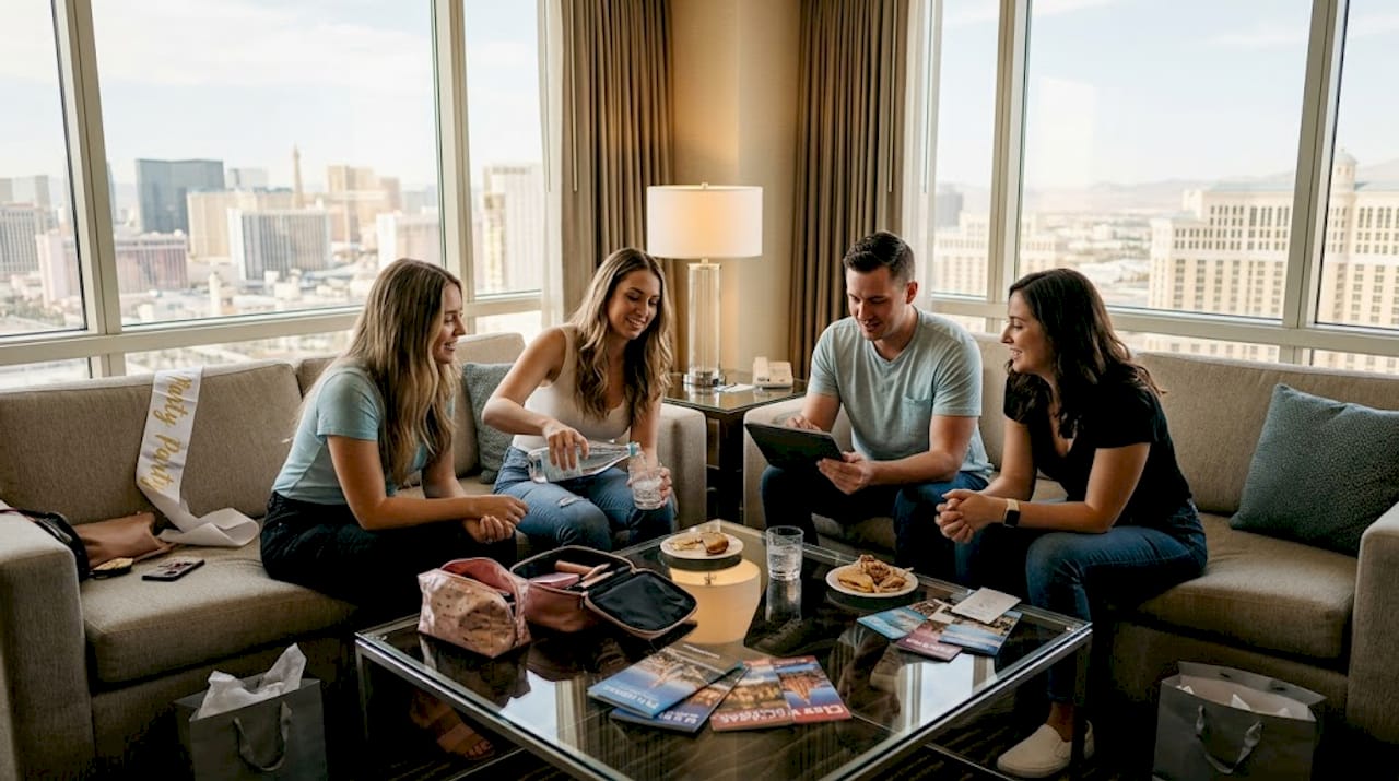 Friends planning party in Las Vegas suite