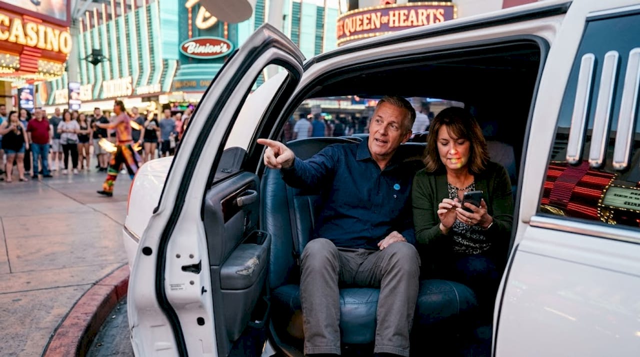 Couple in limo on Fremont Street tour