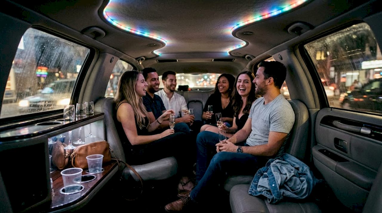 Celebration inside limousine with group and drinks