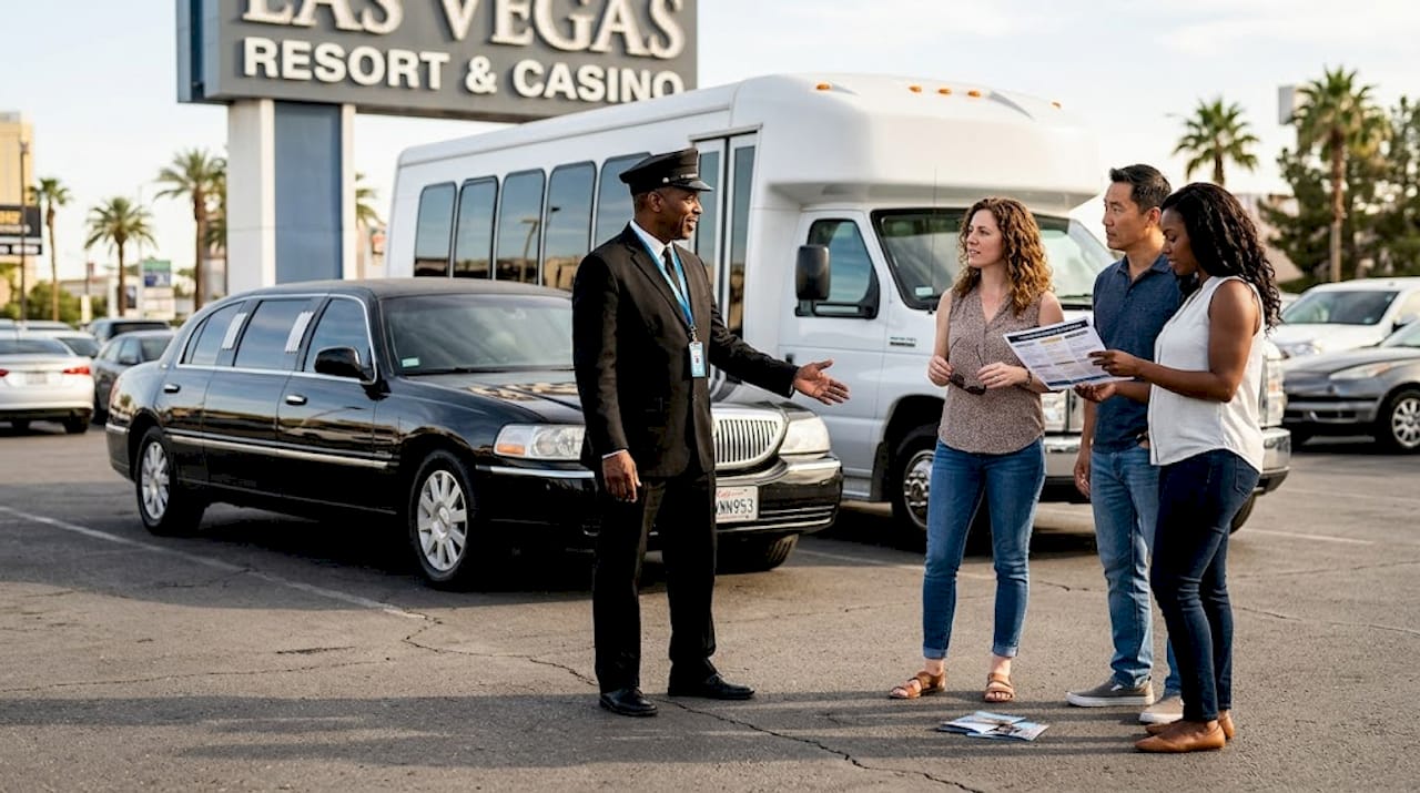 Chauffeur showing limo options to small group