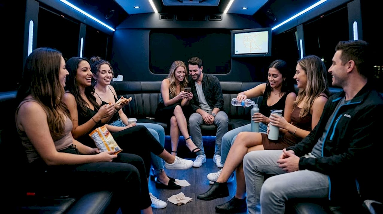 Friends preparing celebration inside party bus