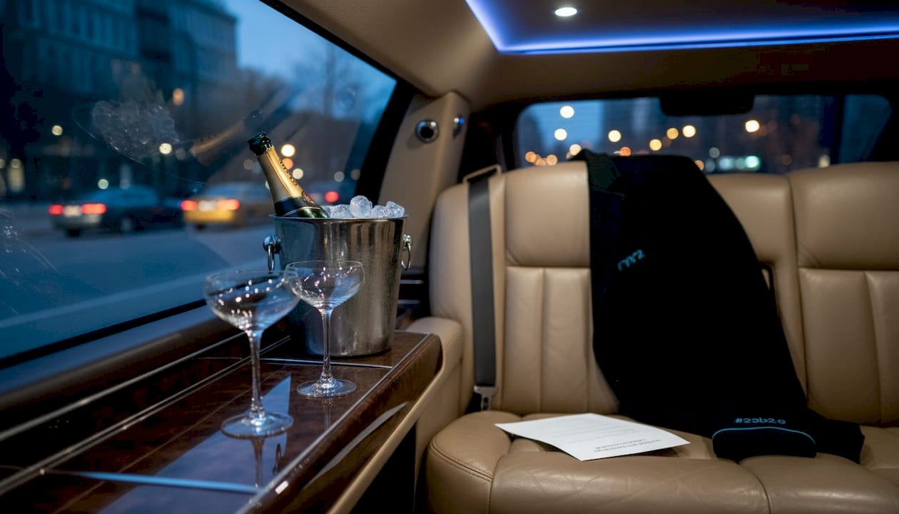 Champagne and luxury amenities inside limo