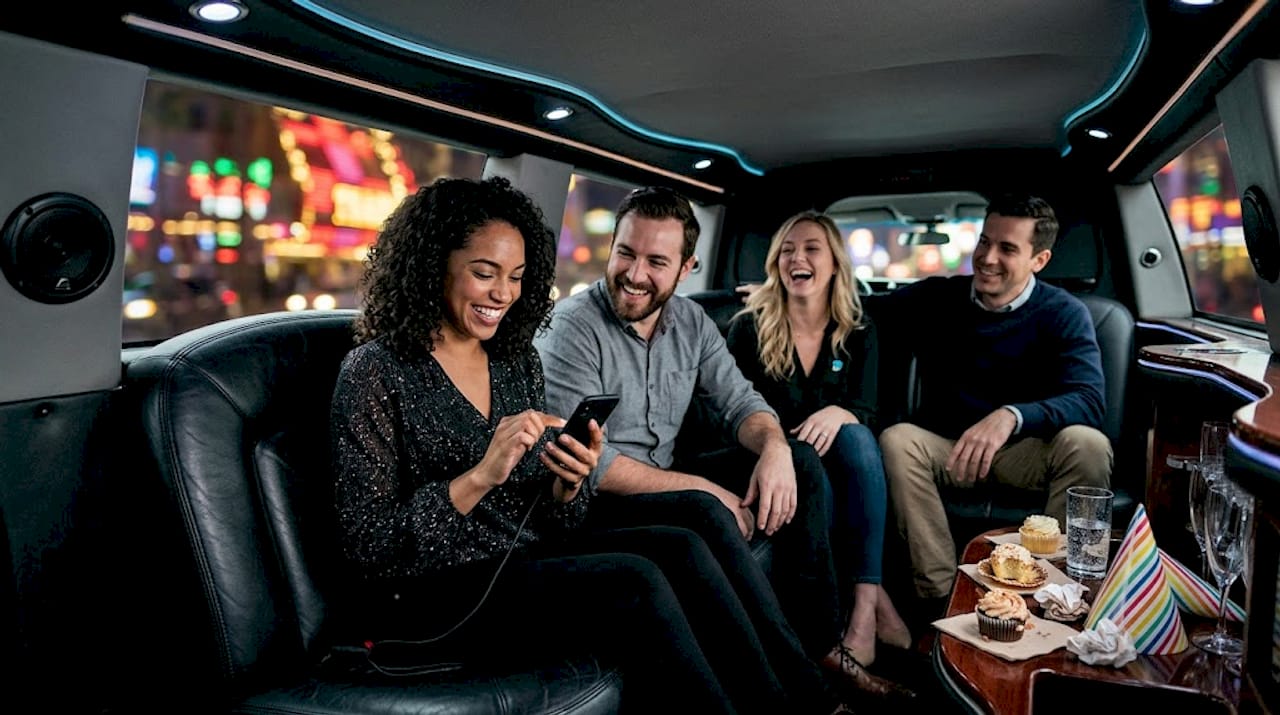 Friends celebrating birthday inside limousine