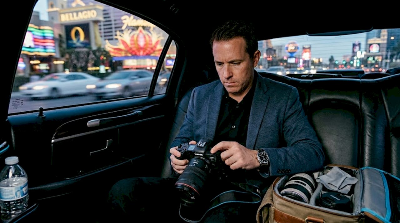 Photographer prepping gear in Vegas limo