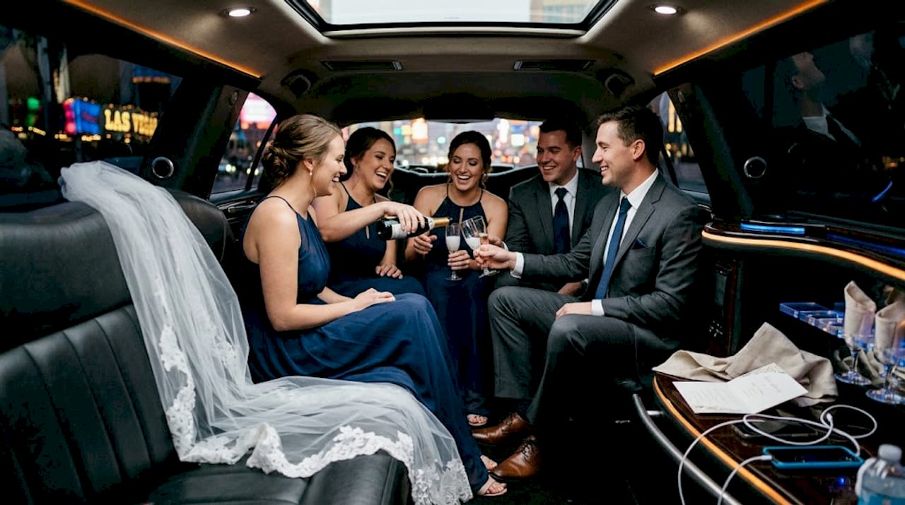 Wedding party celebrates inside limousine